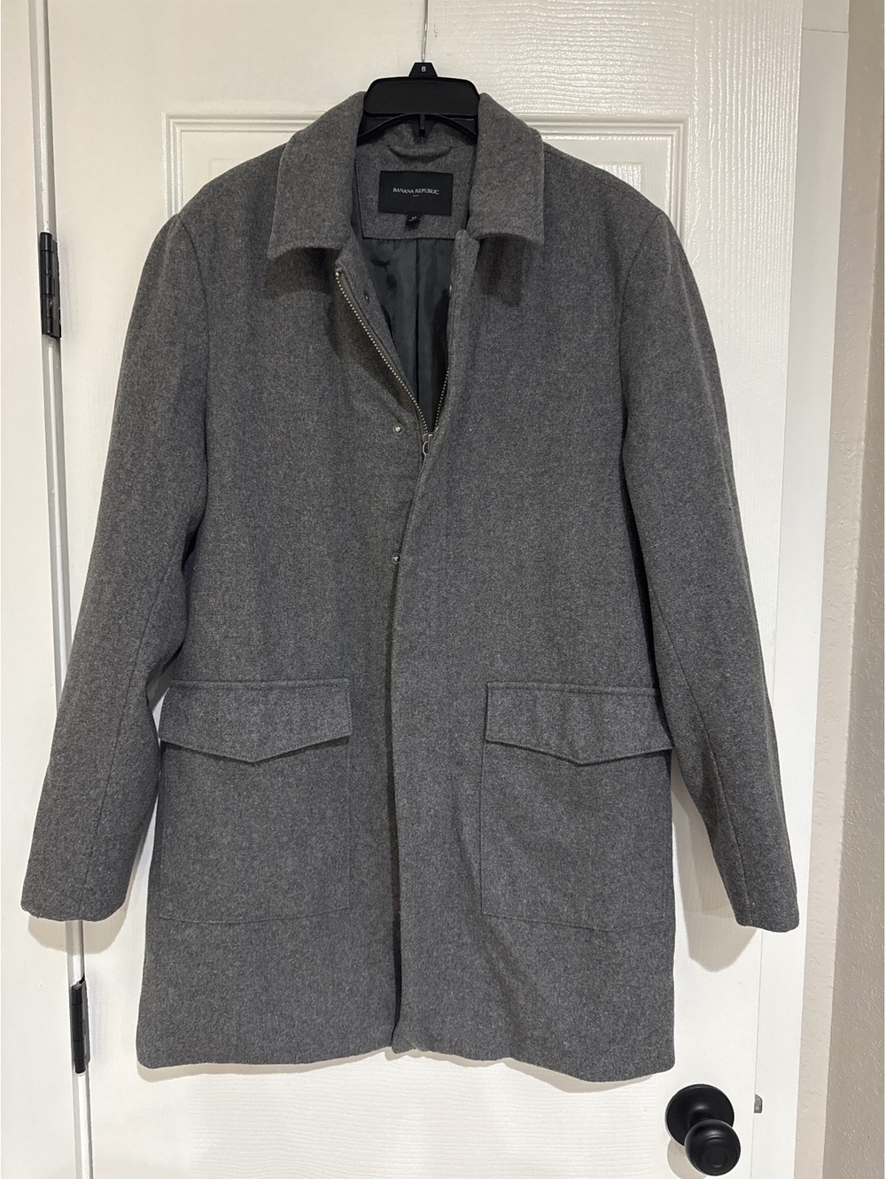 Banana Republic Men's Medium Gray Wool Blend Coat with Zipper and Snap Closures
